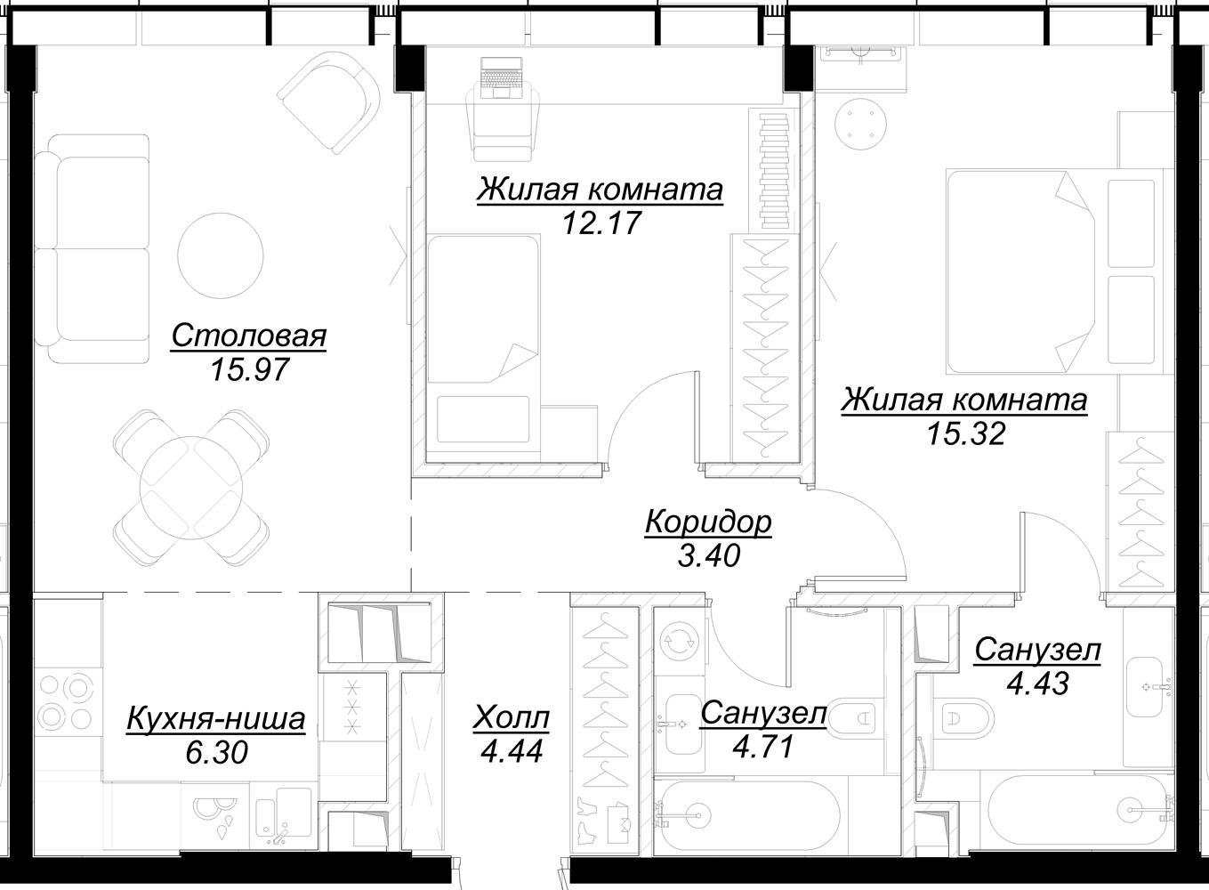 2-комнатная квартира без отделки, 66.74 м2, 52 этаж, сдача 4 квартал 2024 г., ЖК MOD, корпус Mann - объявление 2332075 - фото №1