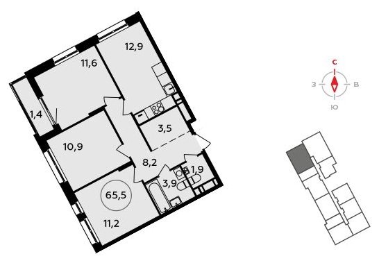 3-комнатная квартира без отделки, 65.5 м2, 13 этаж, сдача 3 квартал 2023 г., ЖК Прокшино, корпус 4.3 - объявление 1498190 - фото №1