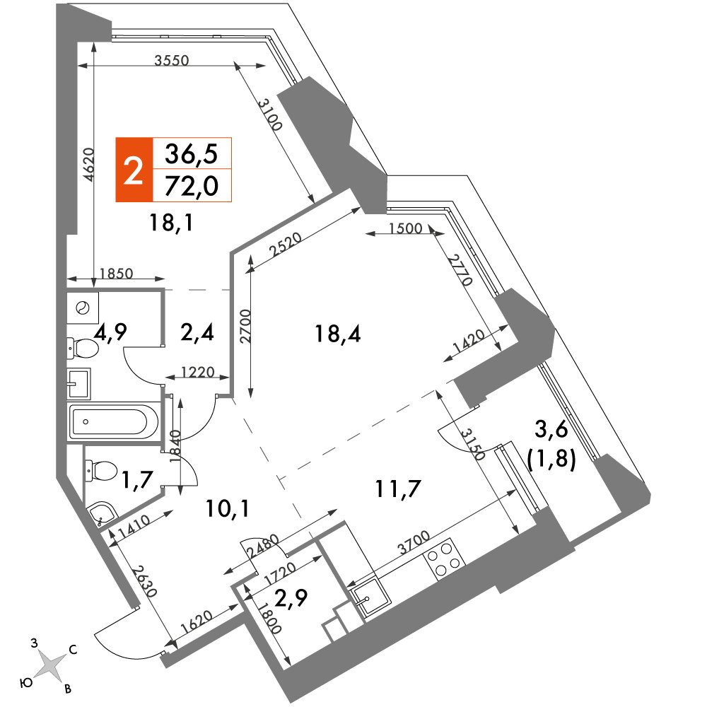 2-комнатная квартира с частичной отделкой, 72 м2, 23 этаж, дом сдан, ЖК Архитектор, корпус 3 - объявление 2403960 - фото №1
