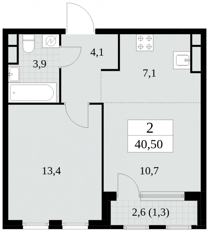 2-комнатная квартира (евро) без отделки, 40.5 м2, 13 этаж, сдача 2 квартал 2025 г., ЖК Южные сады, корпус 2.4 - объявление 1760333 - фото №1