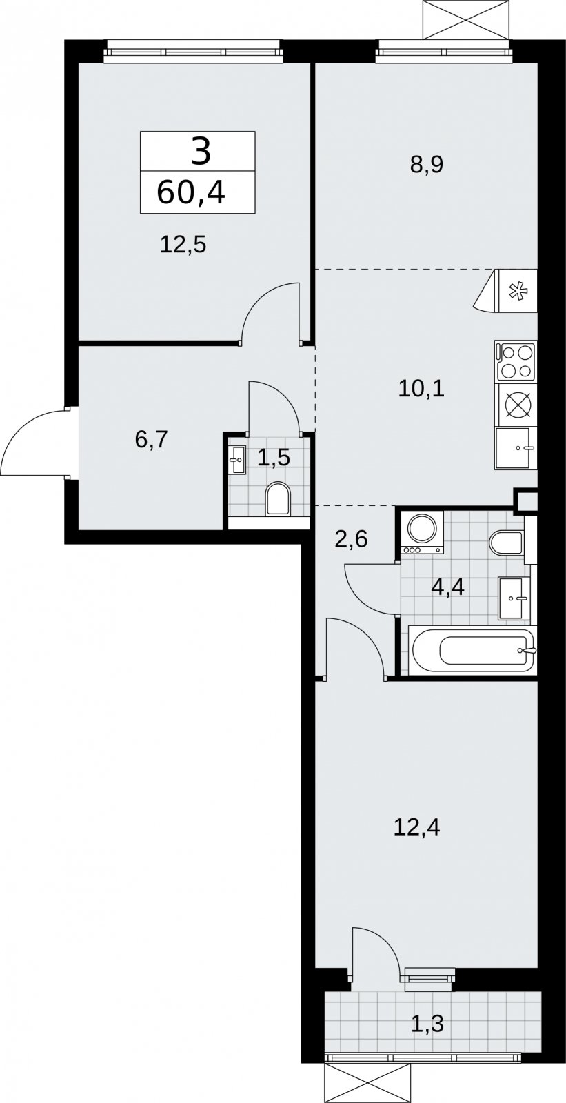 3-комнатная квартира (евро) без отделки, 60.4 м2, 2 этаж, сдача 2 квартал 2026 г., ЖК Бунинские кварталы, корпус 7.3 - объявление 2313894 - фото №1