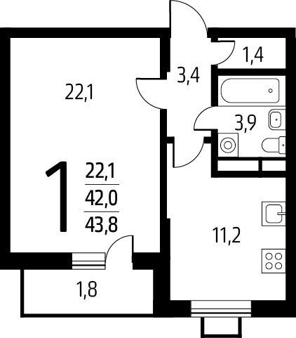 1-комнатная квартира с полной отделкой, 43.8 м2, 7 этаж, сдача 1 квартал 2025 г., ЖК Новые Ватутинки. Заречный, корпус 5/3 - объявление 2272155 - фото №1