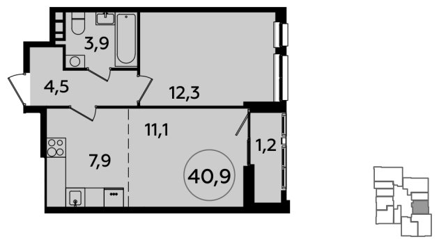 2-комнатная квартира (евро) с полной отделкой, 40.9 м2, 19 этаж, сдача 2 квартал 2024 г., ЖК Южные сады, корпус 1.1 - объявление 1512053 - фото №1