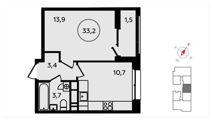 1-комнатная квартира с частичной отделкой, 33.2 м2, 11 этаж, сдача 3 квартал 2024 г., ЖК Скандинавия, корпус 22.3 - объявление 1625609 - фото №1
