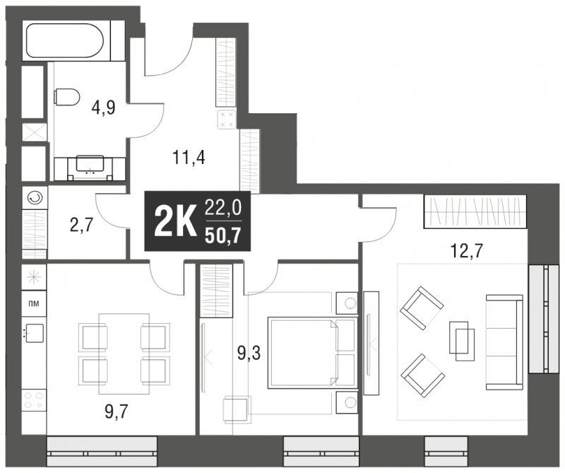 2-комнатная квартира с полной отделкой, 50.7 м2, 3 этаж, сдача 2 квартал 2024 г., ЖК AFI Tower, корпус 1 - объявление 1930886 - фото №1