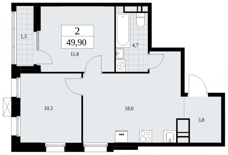 2-комнатная квартира без отделки, 49.9 м2, 17 этаж, сдача 2 квартал 2025 г., ЖК Дзен-кварталы, корпус 2.3 - объявление 1932665 - фото №1