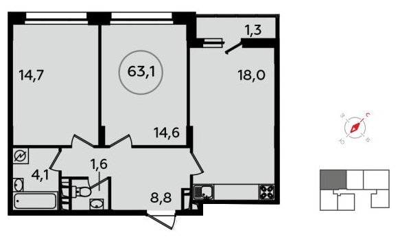 2-комнатная квартира без отделки, 63.1 м2, 9 этаж, сдача 1 квартал 2022 г., ЖК Скандинавия, корпус 13.1 - объявление 1412023 - фото №1