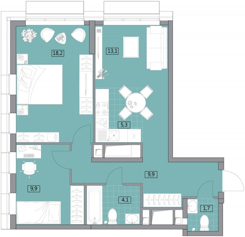 3-комнатная квартира (евро) без отделки, 62.24 м2, 22 этаж, сдача 2 квартал 2022 г., ЖК Вестердам, корпус 3 - объявление 1522229 - фото №1