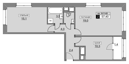 2-комнатная квартира без отделки, 57.4 м2, 15 этаж, сдача 4 квартал 2022 г., ЖК Румянцево-Парк, корпус 3 - объявление 1187330 - фото №1