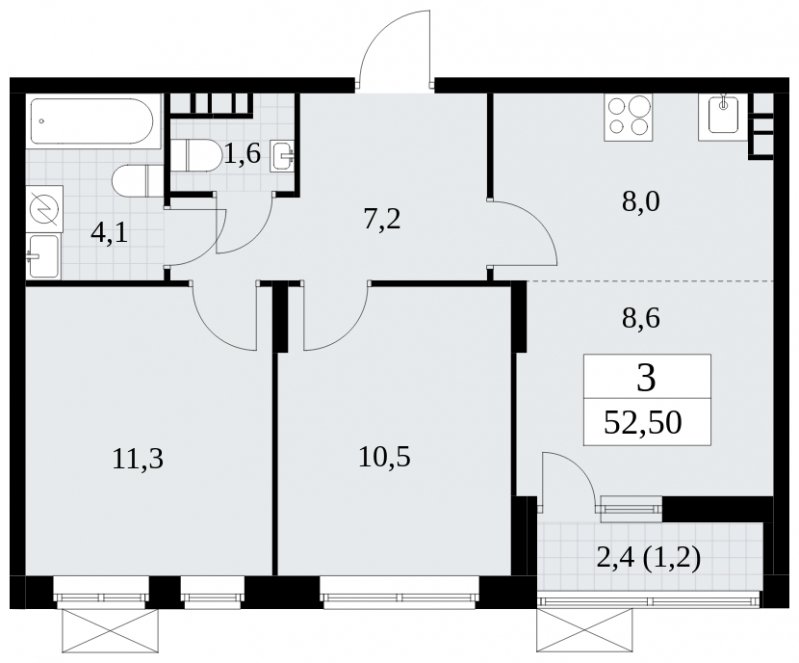 3-комнатная квартира (евро) без отделки, 52.5 м2, 14 этаж, сдача 1 квартал 2025 г., ЖК Прокшино, корпус 5.2.5 - объявление 1900942 - фото №1