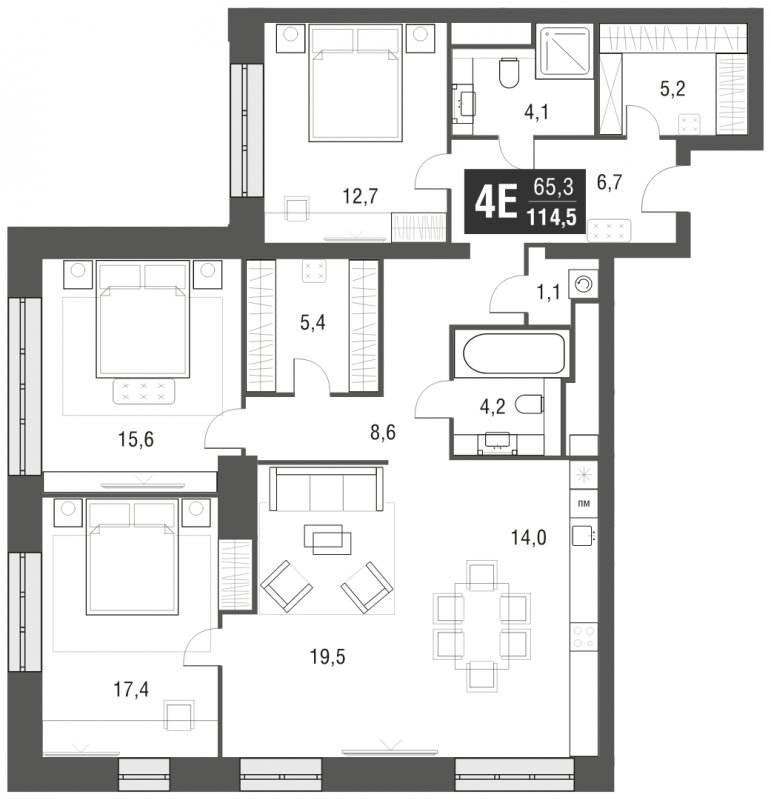 4-комнатная квартира (евро) с частичной отделкой, 114.5 м2, 22 этаж, сдача 2 квартал 2024 г., ЖК AFI Tower, корпус 1 - объявление 1930820 - фото №1