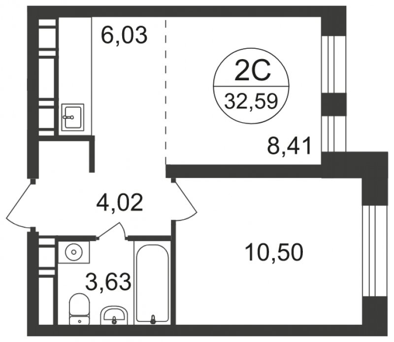 2-комнатная квартира с полной отделкой, 32.59 м2, 3 этаж, сдача 3 квартал 2023 г., ЖК Люберцы, корпус 66 - объявление 1682303 - фото №1