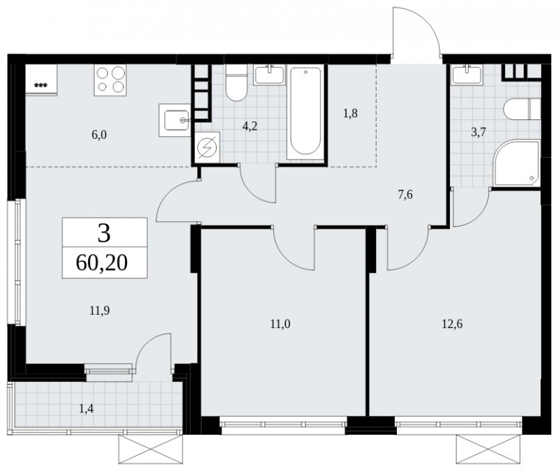 3-комнатная квартира (евро) без отделки, 60.2 м2, 3 этаж, сдача 4 квартал 2024 г., ЖК Скандинавия, корпус 35.2.3 - объявление 1841211 - фото №1