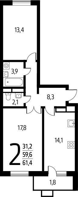 2-комнатная квартира с полной отделкой, 61.4 м2, 8 этаж, сдача 1 квартал 2025 г., ЖК Новые Ватутинки. Заречный, корпус 5/1 - объявление 2272067 - фото №1