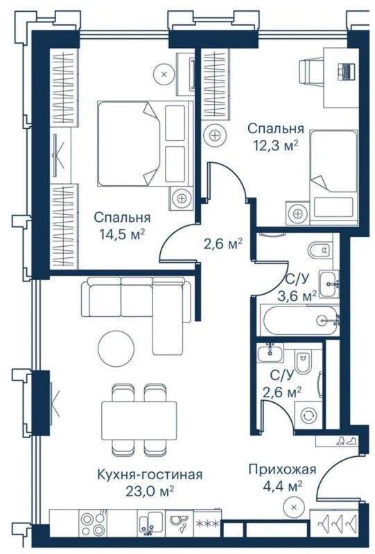2-комнатная квартира с частичной отделкой, 63.28 м2, 10 этаж, сдача 2 квартал 2023 г., ЖК City Bay, корпус Indian Ocean 8 - объявление 1695854 - фото №1