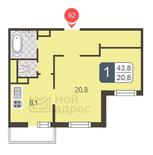 1-комнатная квартира с полной отделкой, 43.8 м2, 2 этаж, дом сдан, ЖК мой адрес В Зеленограде, корпус 2044 - объявление 1745269 - фото №1