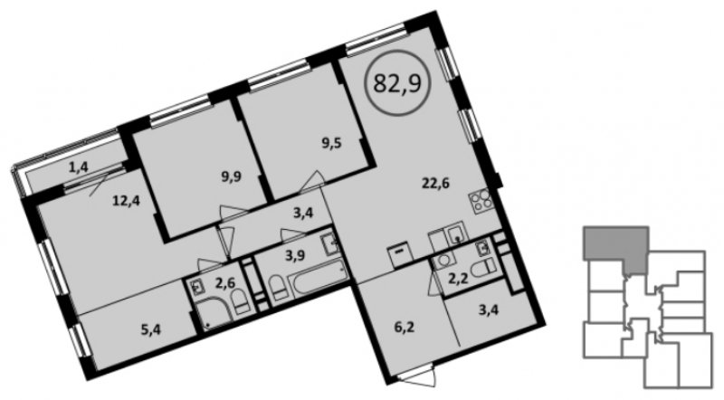 3-комнатная квартира без отделки, 83.7 м2, 15 этаж, дом сдан, ЖК Испанские кварталы, корпус 6.4 - объявление 1886174 - фото №1