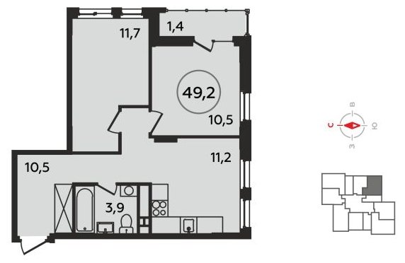 2-комнатная квартира без отделки, 49.1 м2, 10 этаж, сдача 4 квартал 2022 г., ЖК Прокшино, корпус 1.2 - объявление 1563320 - фото №1