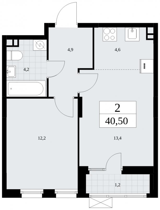 2-комнатная квартира (евро) без отделки, 40.5 м2, 3 этаж, сдача 2 квартал 2025 г., ЖК Дзен-кварталы, корпус 2.4 - объявление 1932692 - фото №1