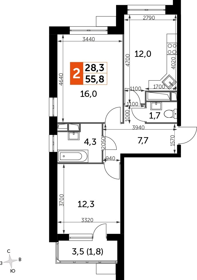 2-комнатная квартира без отделки, 55.7 м2, 4 этаж, дом сдан, ЖК Датский квартал, корпус 2 - объявление 2335320 - фото №1
