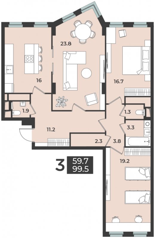 3-комнатная квартира 99.5 м2, 3 этаж, дом сдан, ЖК Лефорт, корпус 3 - объявление 1873524 - фото №1