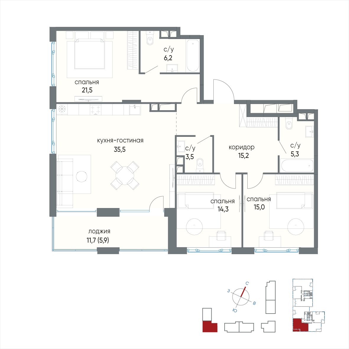 3-комнатная квартира без отделки, 123.5 м2, 3 этаж, сдача 4 квартал 2024 г., ЖК Остров, корпус 3.3 - объявление 2410283 - фото №1