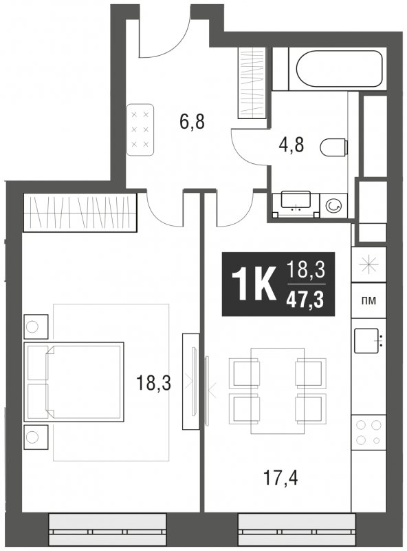 1-комнатная квартира с частичной отделкой, 47.3 м2, 23 этаж, сдача 2 квартал 2024 г., ЖК AFI Tower, корпус 1 - объявление 1930924 - фото №1