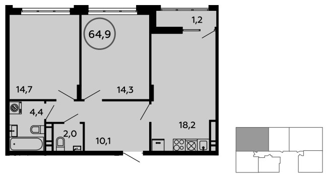 2-комнатная квартира без отделки, 64.9 м2, 15 этаж, сдача 1 квартал 2023 г., ЖК Скандинавия, корпус 2.14.1 - объявление 1499083 - фото №1