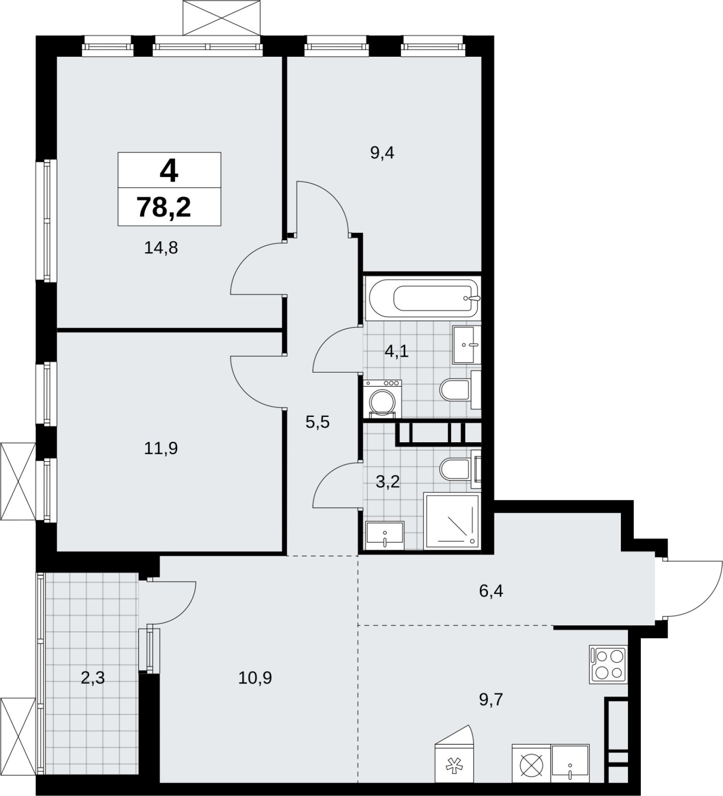 4-комнатная квартира (евро) без отделки, 78.2 м2, 13 этаж, сдача 4 квартал 2026 г., ЖК Скандинавия, корпус 2.18.1.4 - объявление 2351040 - фото №1