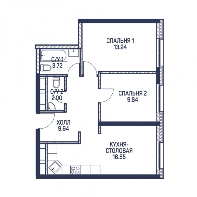 2-комнатная квартира с частичной отделкой, 55.3 м2, 1 этаж, дом сдан, ЖК Любовь и Голуби, корпус 1 - объявление 1962611 - фото №1