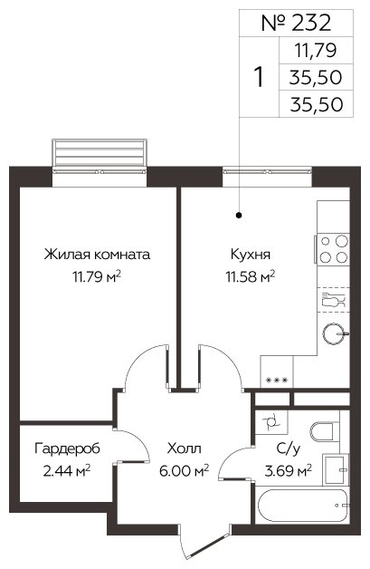 1-комнатная квартира с полной отделкой, 35.5 м2, 2 этаж, сдача 3 квартал 2024 г., ЖК МелисСад, корпус 1 - объявление 1861075 - фото №1