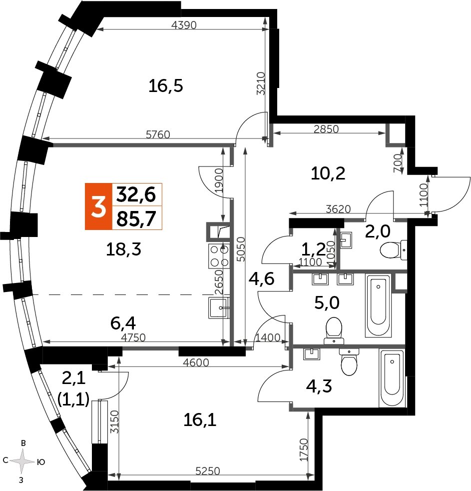 2-комнатная квартира с частичной отделкой, 85.7 м2, 18 этаж, сдача 3 квартал 2024 г., ЖК Sydney City, корпус 2.2 - объявление 2207358 - фото №1