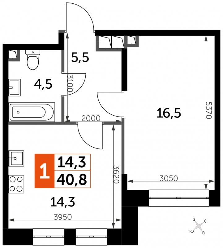 1-комнатная квартира с частичной отделкой, 40.8 м2, 2 этаж, сдача 3 квартал 2024 г., ЖК Sydney City, корпус 2.1 - объявление 1608184 - фото №1
