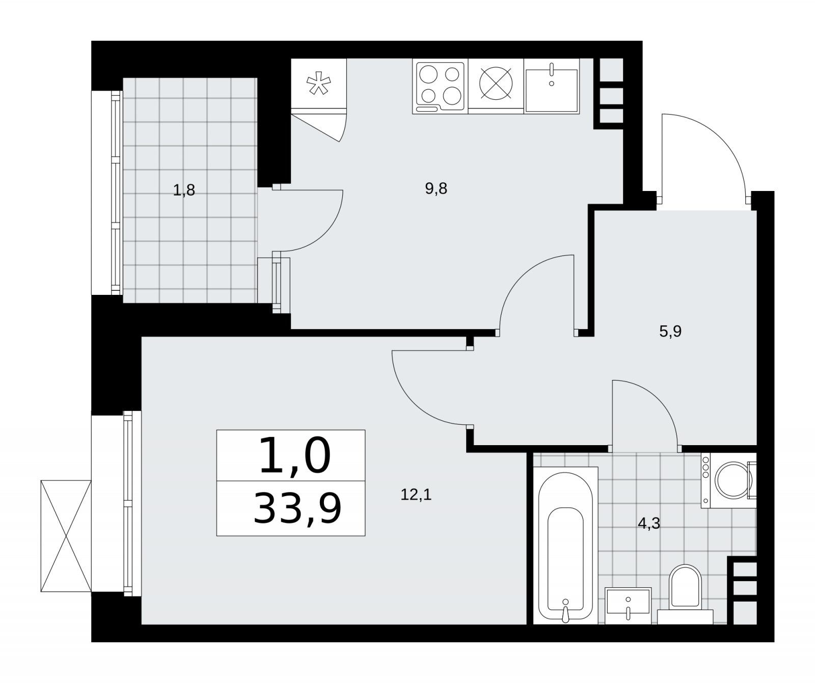 1-комнатная квартира с частичной отделкой, 33.9 м2, 5 этаж, сдача 1 квартал 2026 г., ЖК Бунинские кварталы, корпус 6.1 - объявление 2252379 - фото №1