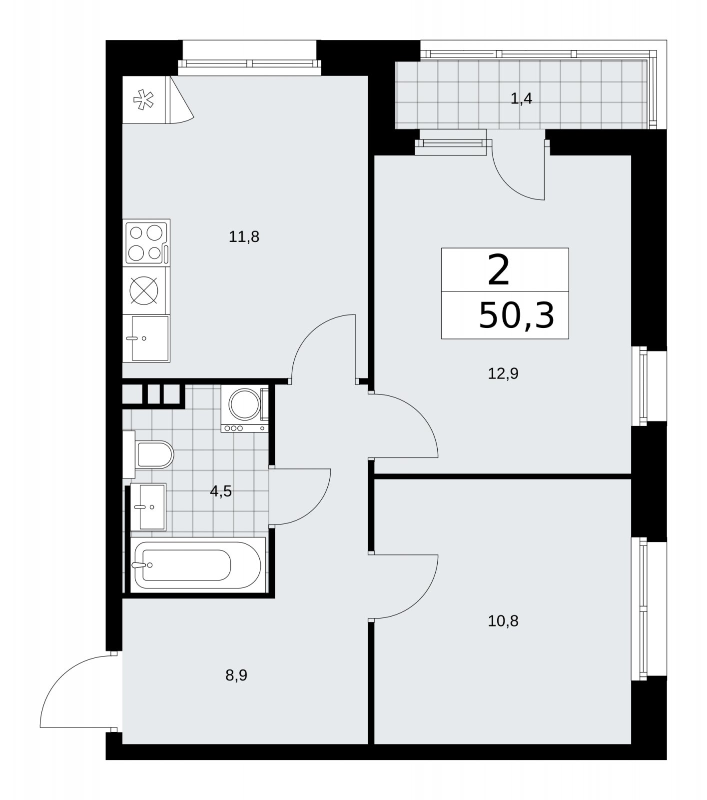 2-комнатная квартира без отделки, 50.3 м2, 3 этаж, сдача 2 квартал 2026 г., ЖК Скандинавия, корпус 25.5 - объявление 2283767 - фото №1