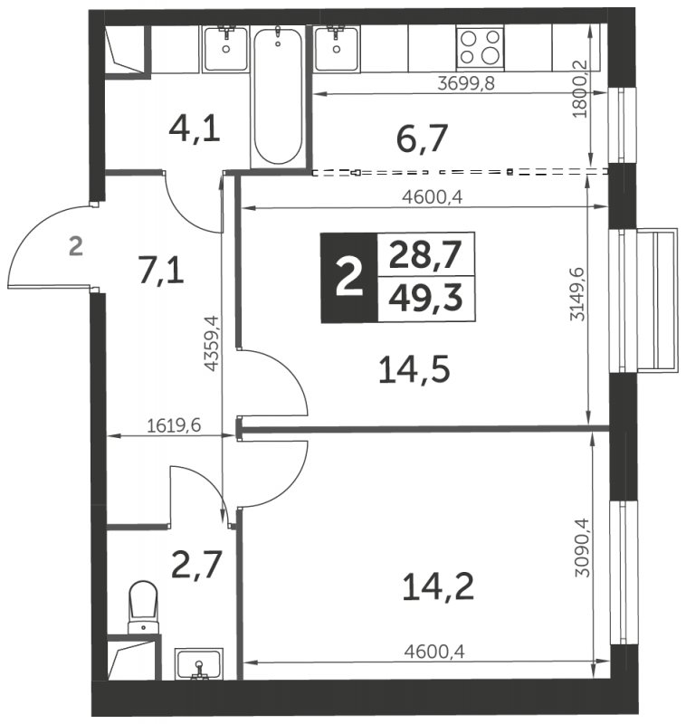 2-комнатная квартира без отделки, 49.3 м2, 1 этаж, сдача 3 квартал 2023 г., ЖК UP-квартал Римский, корпус 7 - объявление 1329255 - фото №1