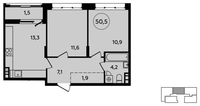 2-комнатная квартира без отделки, 50.5 м2, 4 этаж, сдача 4 квартал 2023 г., ЖК Скандинавия, корпус 2.23.6 - объявление 1528005 - фото №1