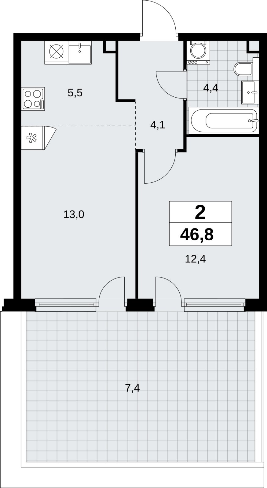 2-комнатная квартира (евро) без отделки, 46.8 м2, 2 этаж, сдача 4 квартал 2026 г., ЖК Скандинавия, корпус 2.18.1.4 - объявление 2350928 - фото №1