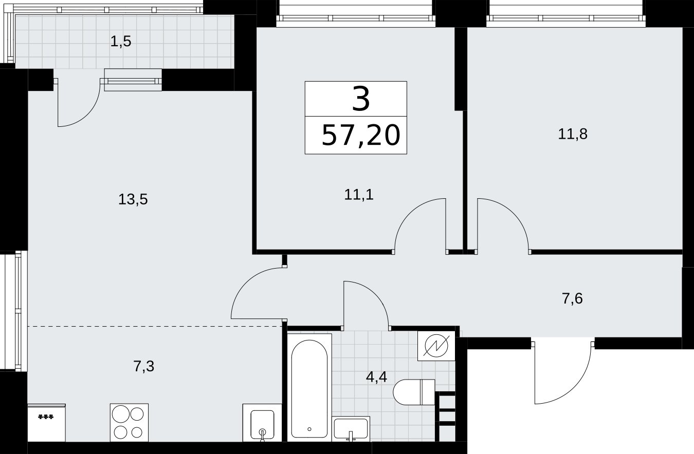 3-комнатная квартира (евро) с полной отделкой, 57.2 м2, 3 этаж, сдача 4 квартал 2026 г., ЖК Родные кварталы, корпус 3.3 - объявление 2378459 - фото №1