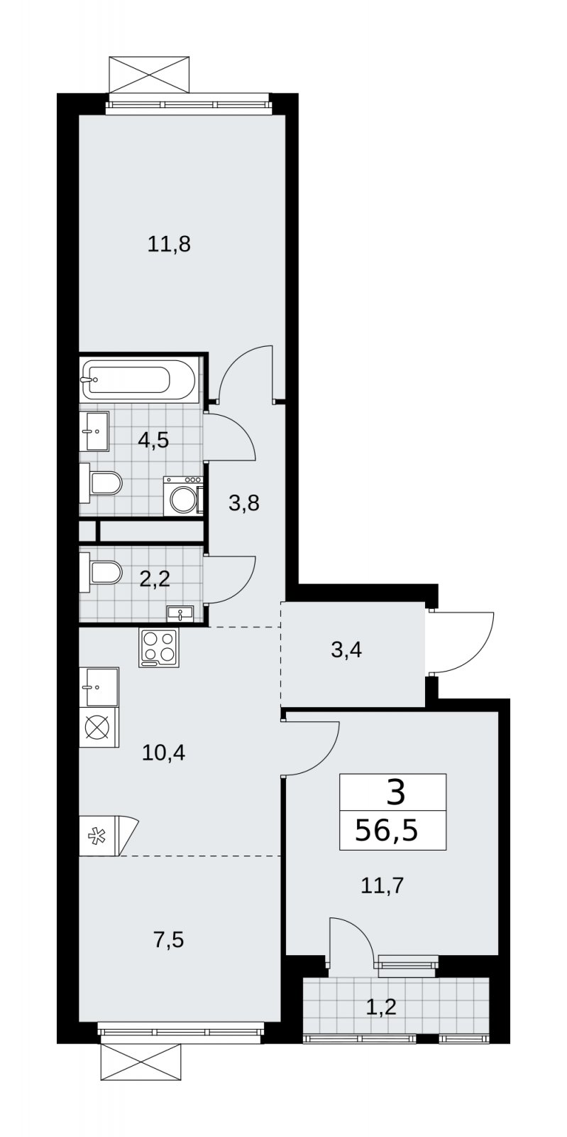 3-комнатная квартира (евро) без отделки, 56.5 м2, 11 этаж, сдача 4 квартал 2025 г., ЖК Прокшино, корпус 11.1.4 - объявление 2257678 - фото №1