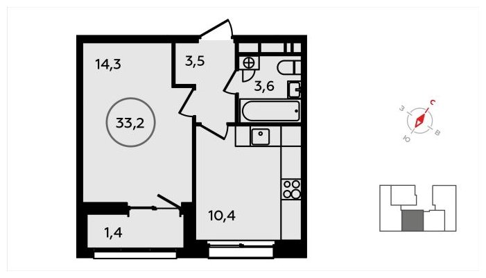 1-комнатная квартира без отделки, 33.2 м2, 8 этаж, сдача 3 квартал 2024 г., ЖК Скандинавия, корпус 22.2 - объявление 1625447 - фото №1