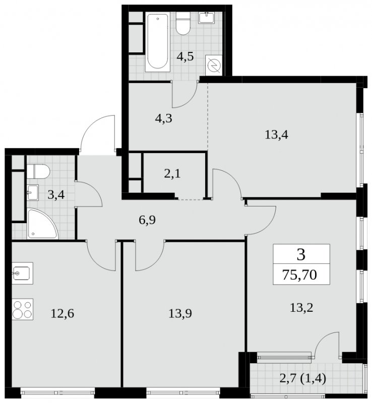 3-комнатная квартира без отделки, 75.7 м2, 25 этаж, сдача 2 квартал 2025 г., ЖК Южные сады, корпус 2.3 - объявление 1758265 - фото №1