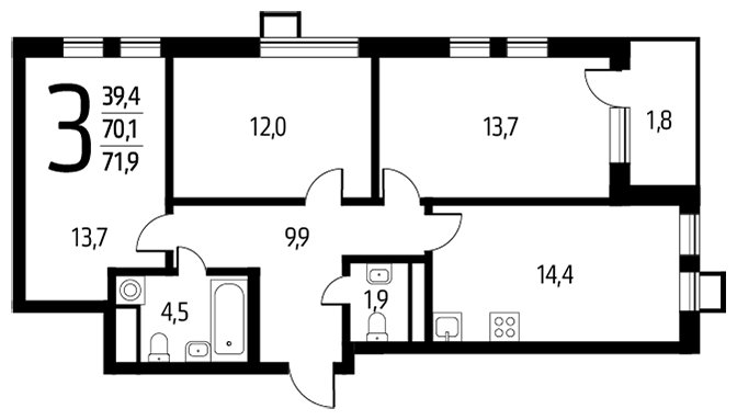 3-комнатная квартира с полной отделкой, 71.9 м2, 6 этаж, сдача 1 квартал 2024 г., ЖК Новые Ватутинки. Центральный, корпус 9/3 - объявление 1674614 - фото №1