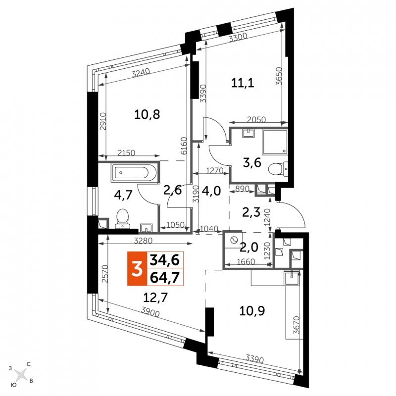 3-комнатная квартира с частичной отделкой, 64.7 м2, 3 этаж, сдача 4 квартал 2024 г., ЖК ROTTERDAM, корпус 2.1 - объявление 1954422 - фото №1