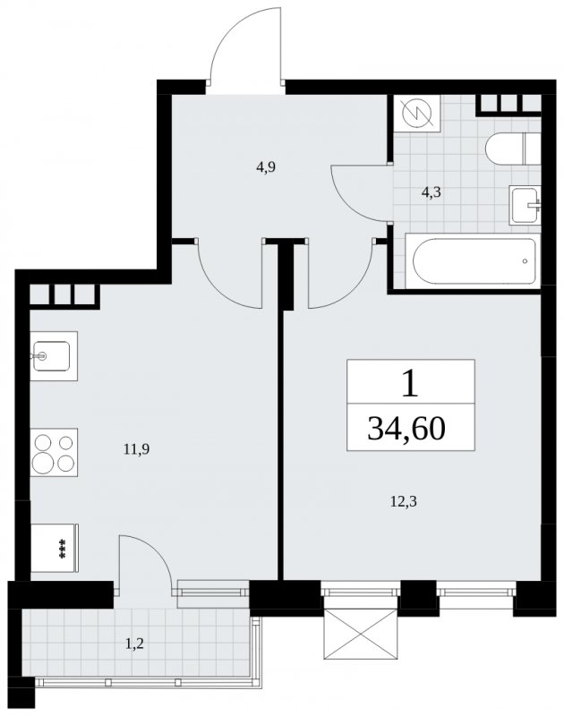1-комнатная квартира с частичной отделкой, 34.6 м2, 9 этаж, сдача 4 квартал 2024 г., ЖК Бунинские кварталы, корпус 1.2 - объявление 1834431 - фото №1