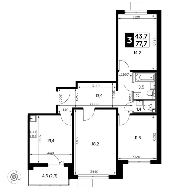 3-комнатная квартира с частичной отделкой, 77.7 м2, 10 этаж, сдача 3 квартал 2023 г., ЖК Южная Битца, корпус 12 - объявление 1973030 - фото №1