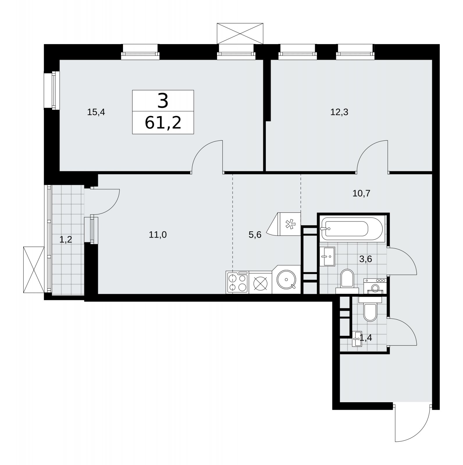 3-комнатная квартира (евро) без отделки, 61.2 м2, 11 этаж, сдача 1 квартал 2026 г., ЖК Скандинавия, корпус 37.2.3 - объявление 2254736 - фото №1
