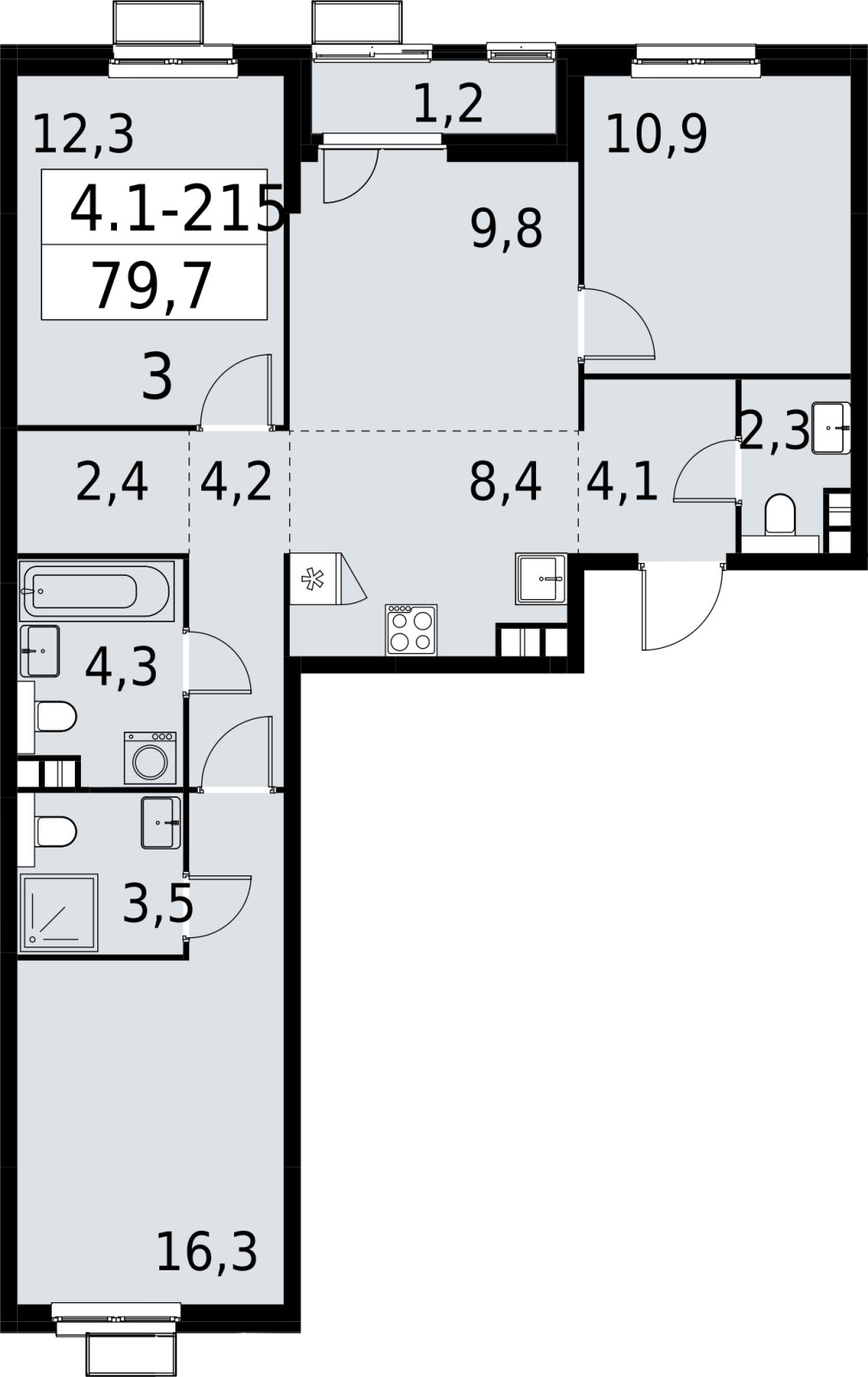 4-комнатная квартира (евро) с полной отделкой, 79.7 м2, 4 этаж, сдача 2 квартал 2027 г., ЖК Южные сады, корпус 4.1.2 - объявление 2392735 - фото №1