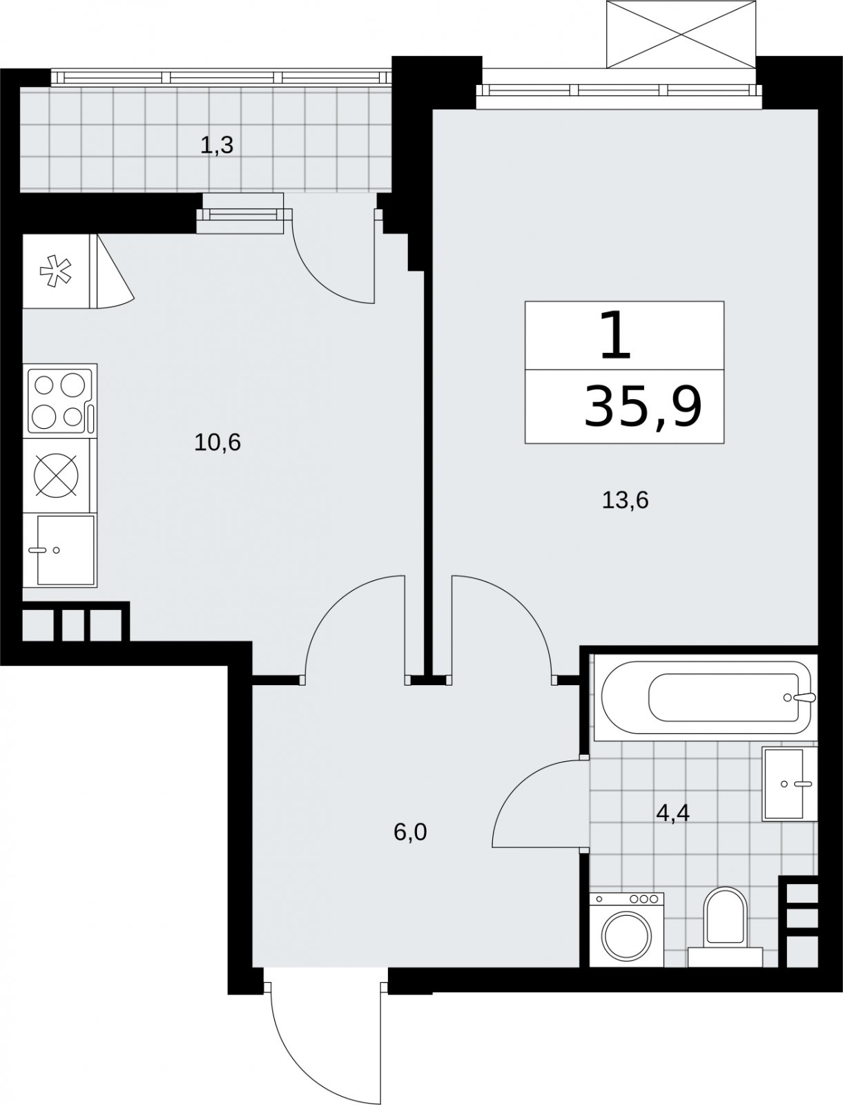 1-комнатная квартира с частичной отделкой, 35.9 м2, 7 этаж, сдача 2 квартал 2026 г., ЖК Бунинские кварталы, корпус 5.1 - объявление 2296851 - фото №1