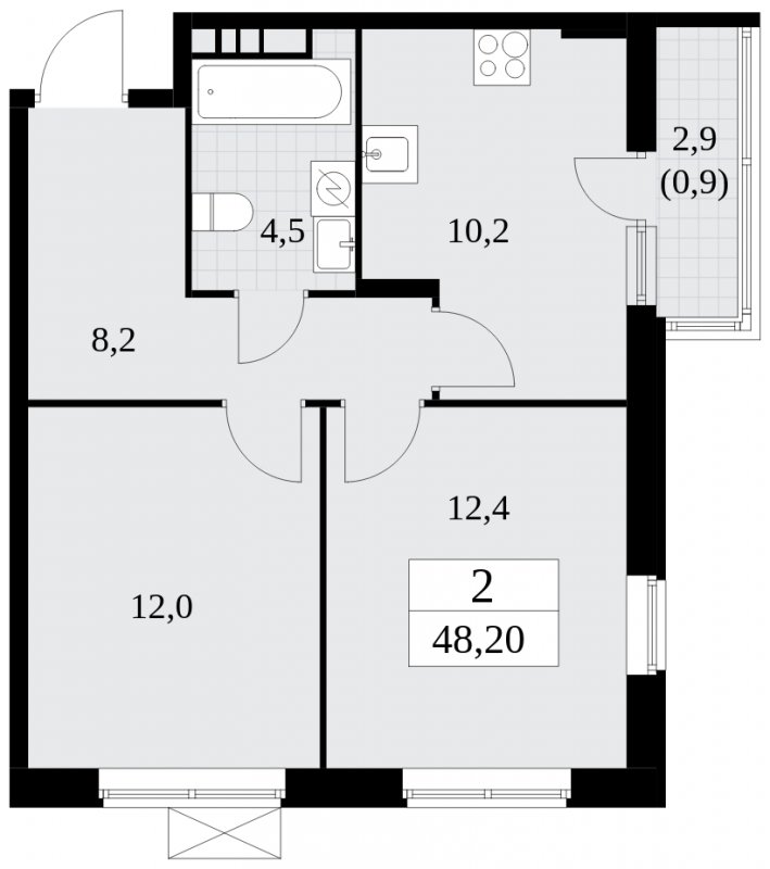 2-комнатная квартира с частичной отделкой, 48.2 м2, 13 этаж, сдача 2 квартал 2025 г., ЖК Прокшино, корпус 5.2.6 - объявление 1901112 - фото №1